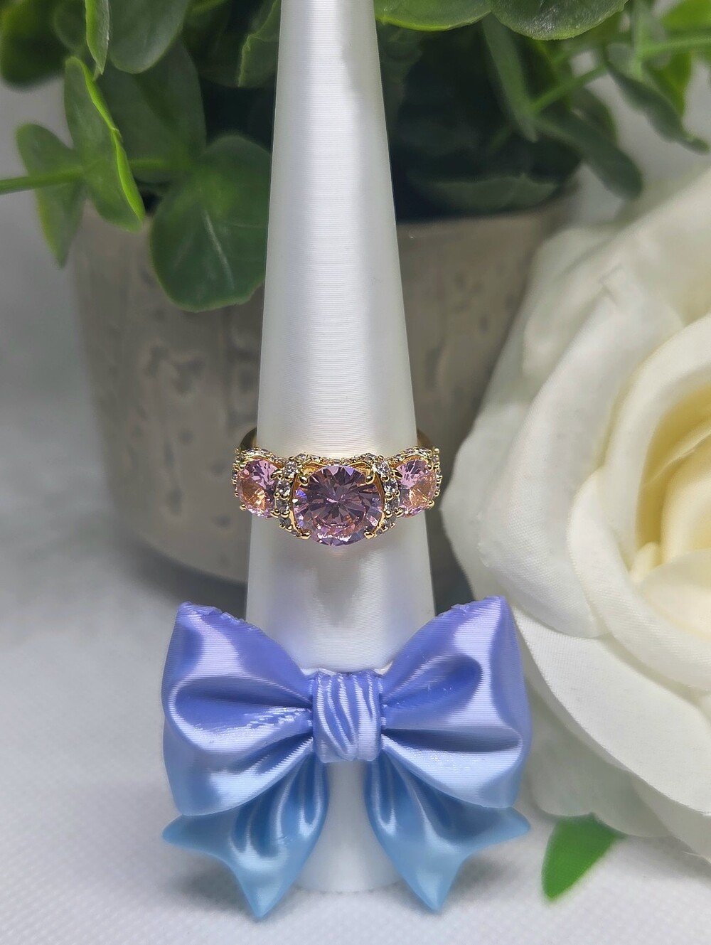 BP Pink Crystal Trilogy Ring On Gold Plating